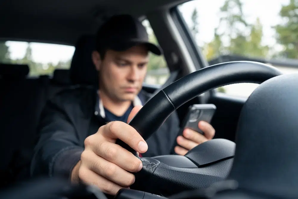 Driver using cellphone while driving being disrracted from traffic